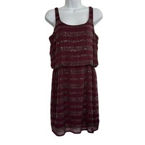 5/48 Cocktail Dress Sleeveless Striped Beaded‎ Detail Aubergine Burgundy Size S